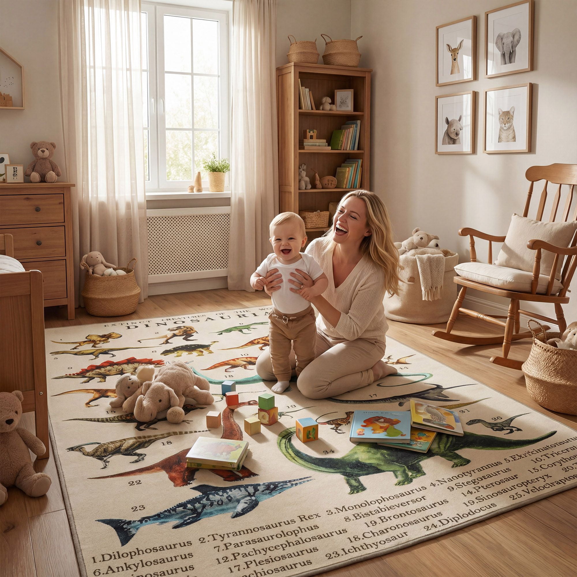 Dranite Khaki Dinosaur Play Mat for Toddlers Large 79" x 59" Non Slip Crawling Rug for Living Room