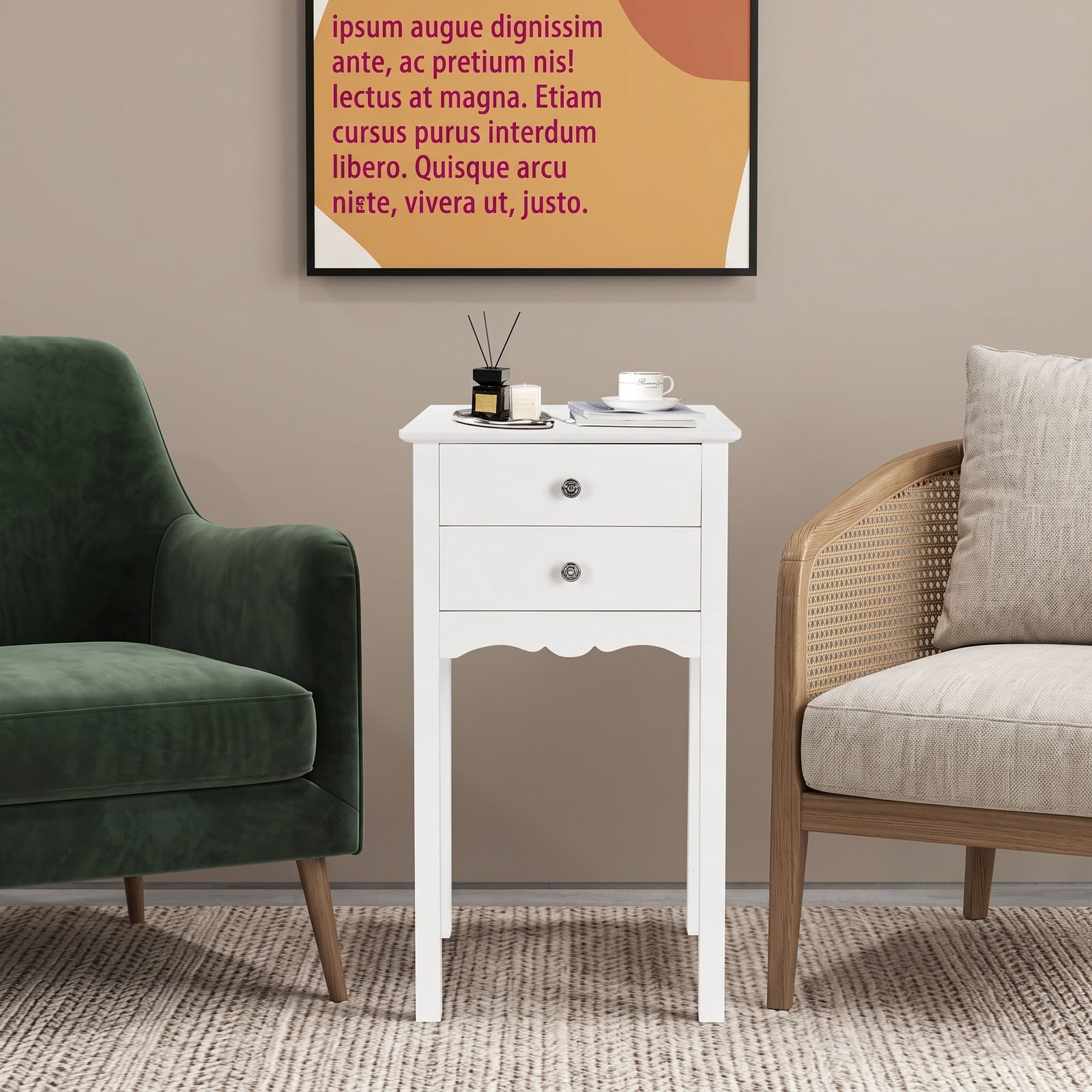 Furnibear 2-Drawer Side Table, Modern MDF End Accent Table with Vintage Metal Handles, High Gloss Nightstand Bedside Storage Table for Living Room Bedroom Dorm, White