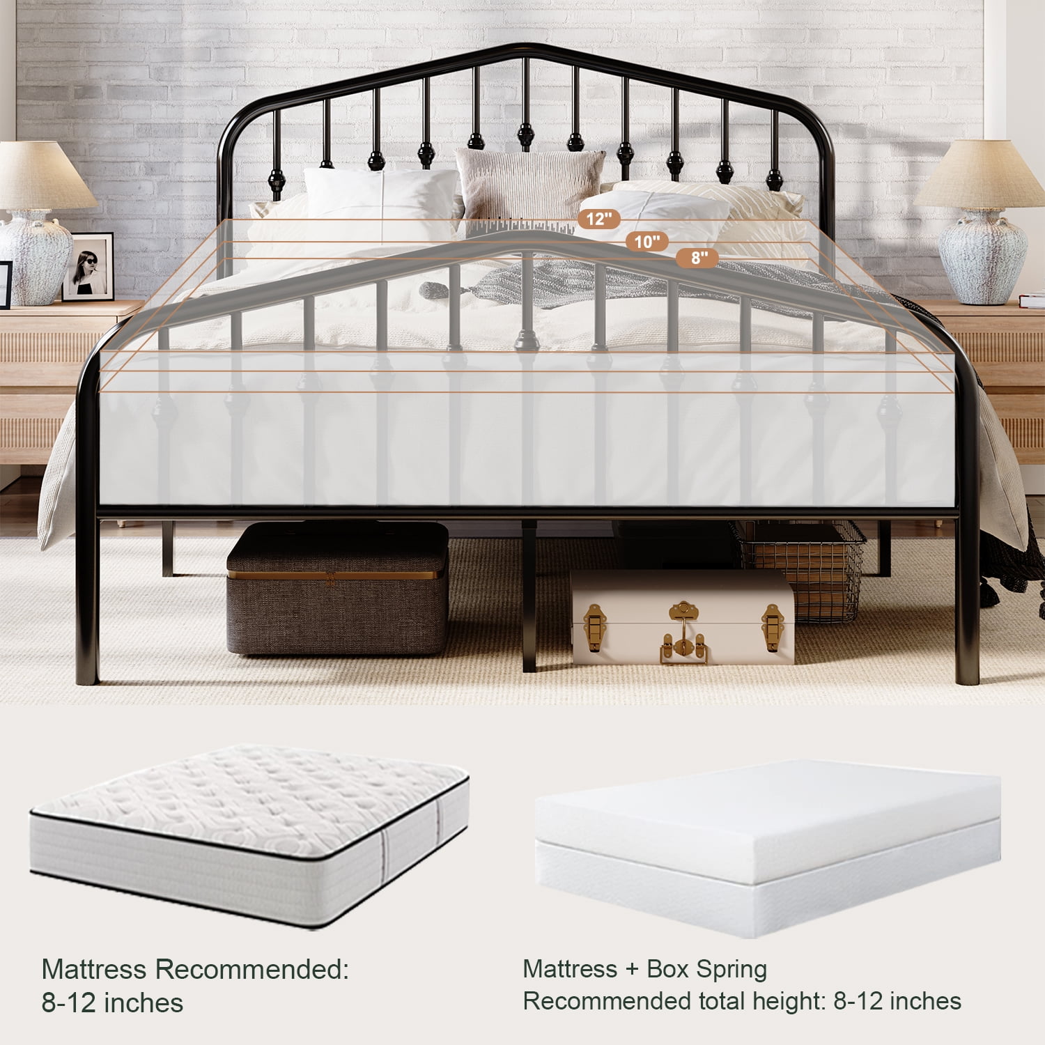 Amolife Queen Size Metal Platform Bed Frame with Victorian Vintage Headboard & Footboard, Black