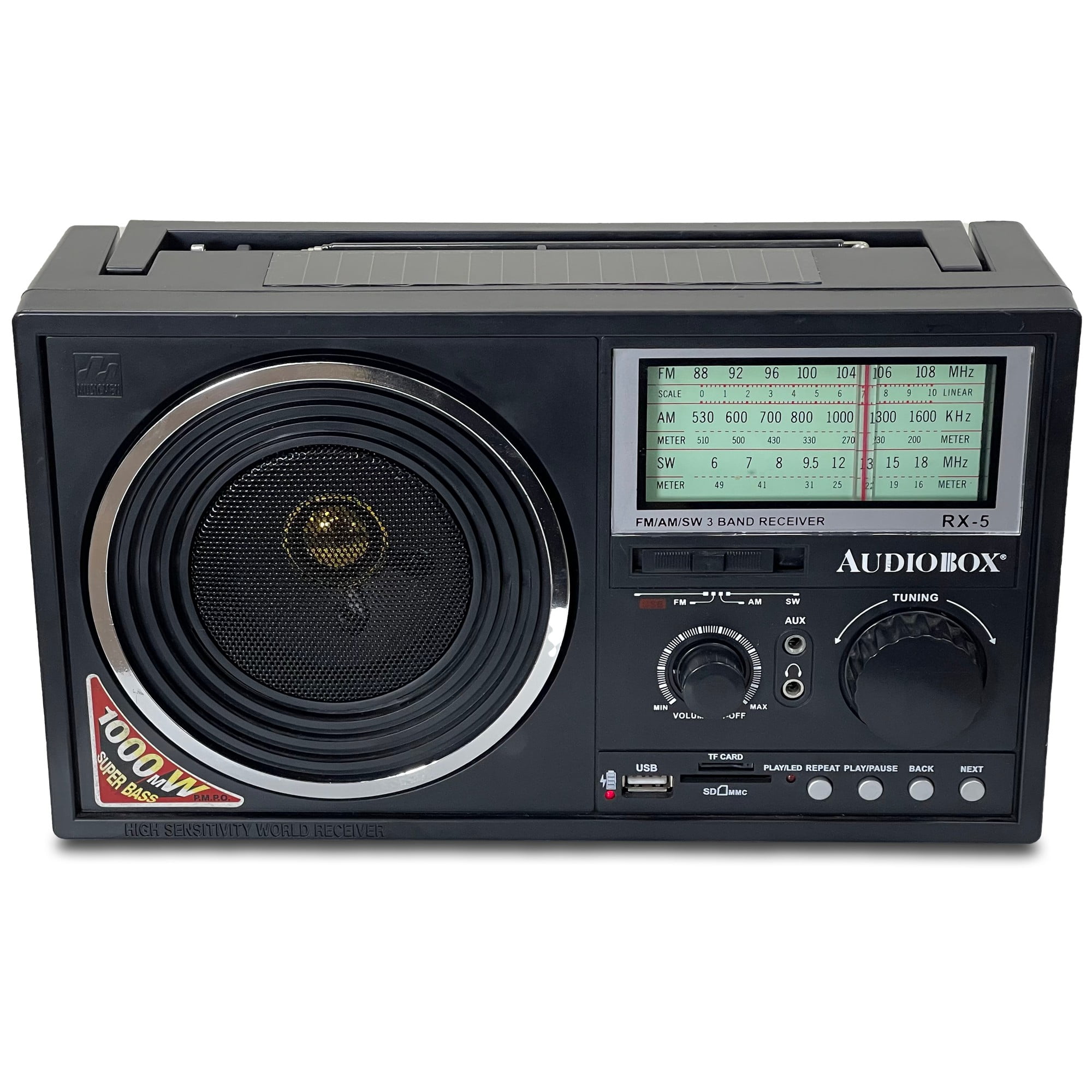 AudioBox RX-5BT Rechargeable Portable 3-Band Radio with Solar Power, Bluetooth, AM, FM, SW, MP3, USB, SD Card, and AUX