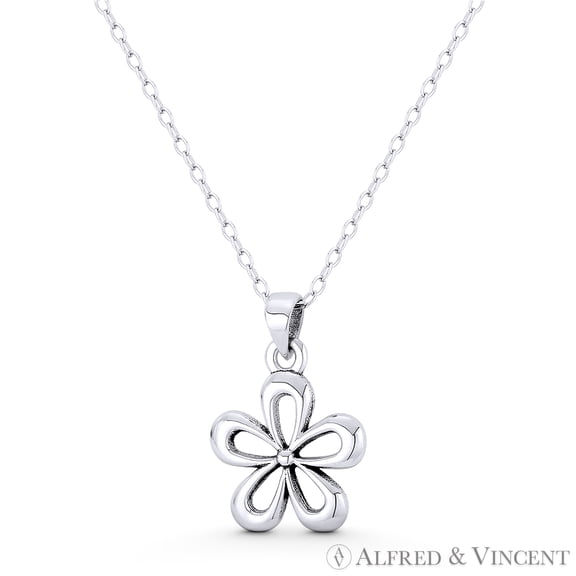 5-Petal Daisy Flower Charm 20x14mm (0.8x0.55in) Pendant & Chain Necklace in Oxidized .925 Sterling Silver