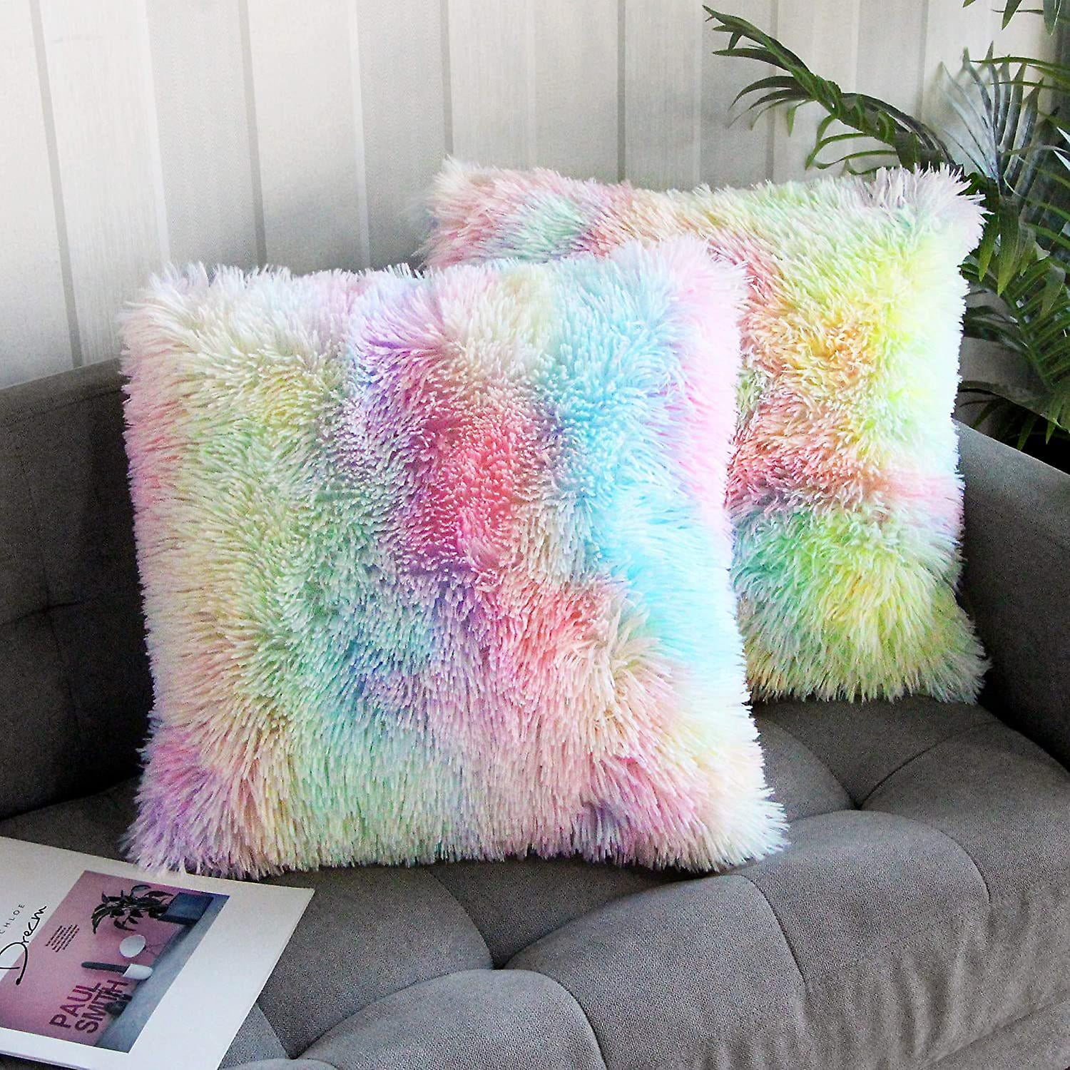 Wabjtam Girl Room Decor Fluffy Pillows For Bed Soft Faux Fur Throw Pillow Cover Rainbow Pink Sofa Cute Decorative Cushion Case Set Of 2pcs Square 16x1 Walmart