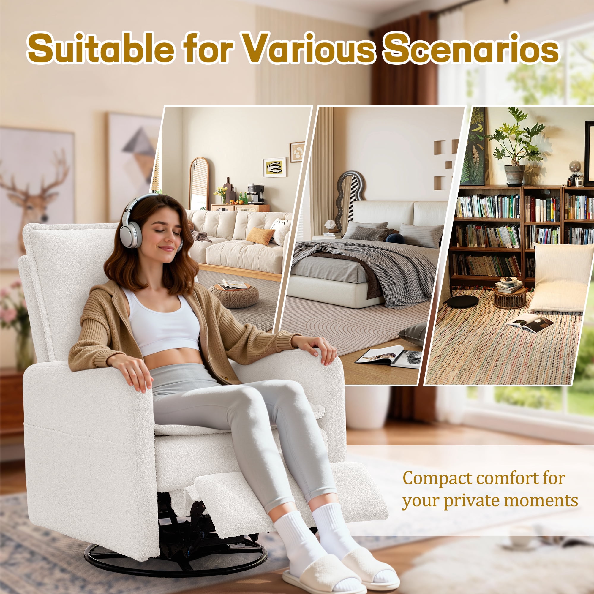 Korser Manual Swivel Rocker Recliner Chair with Side Pockets Nursery Glider Recliner for Living Room, Nursery, Beige
