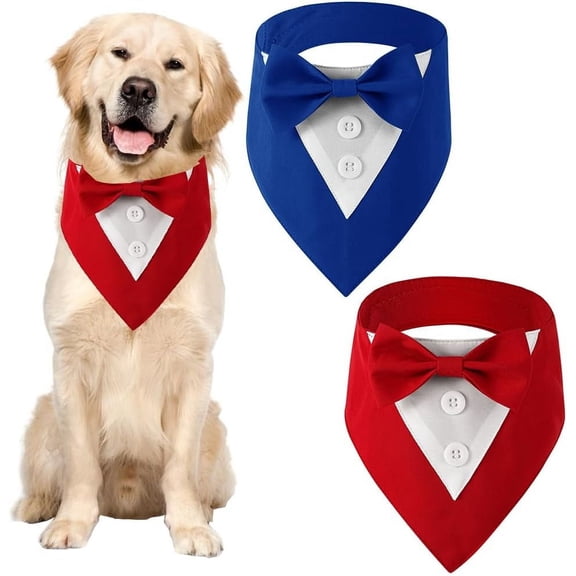 1Set 2Pcs Dog Tuxedo Formal Dog Tuxedo XS Blue Red Wedding Bandana Dog Collar with Bow Tie Dog Birthday Costume Adjustable Pet Party Tux Formal Attire Valentines Outfit for Small Breeds Cosplay