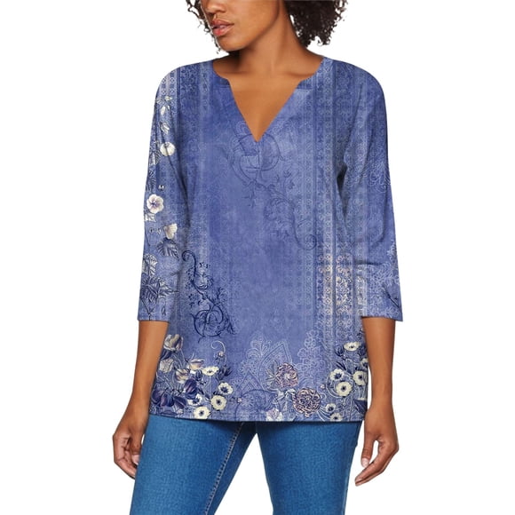 DondPO Womens Tops Womens 3/4 Sleeve Tops Summer Casual V Neck Tshirt Ladies 2024 Floral Print Daily Tees Tunic Blouses Blouses for Women Oversized Tshirts for Women Blue L Clearance！