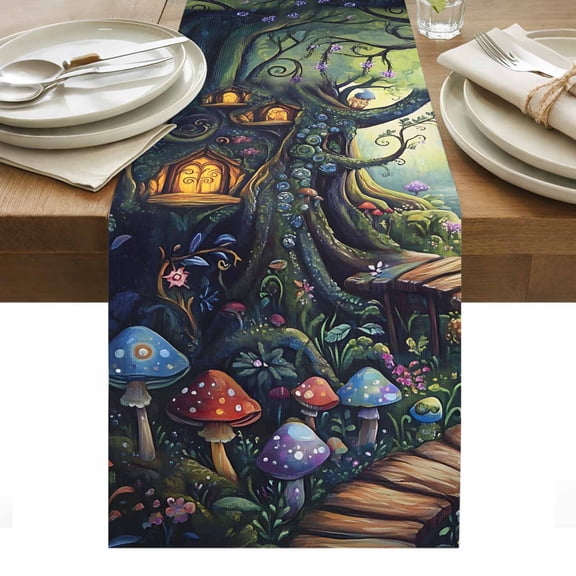 Mushroom Table Runner - 48 Inch Long, Kitchen Dining Table Runner Dresser Scarves, Dream Forest Wooden Cottage Floral Plant Farmhouse Decor for Coffee Tables Wedding Party Banquet