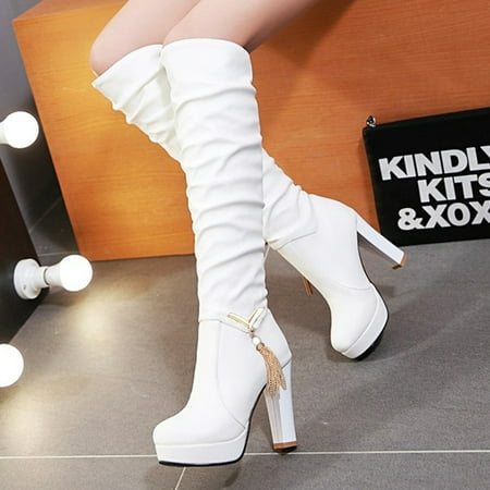 

Sanbonepd Boots Fashion Pure Color Round Toe Slip-On Boots Square Heels Vintage Women Boots