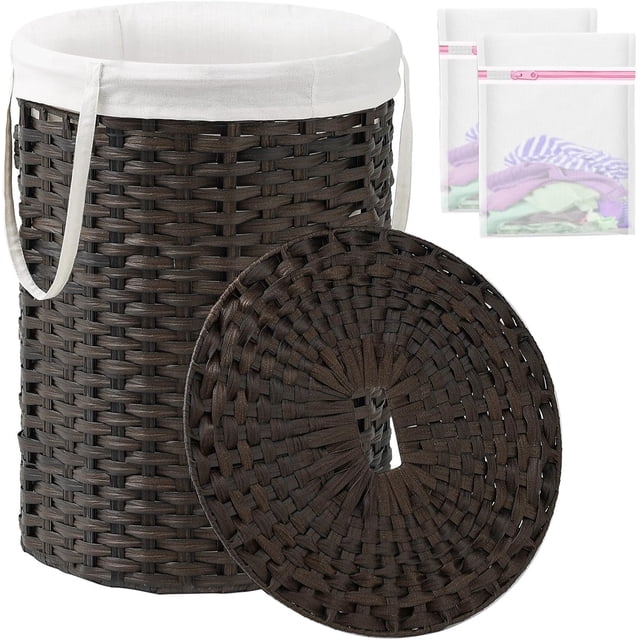 Large Laundry Hamper Laundry Basket Round Gal L) Handwoven Wicker Laundry Baskets Rattan Laundry Basket with Laundry Bag Handles Mesh Bags for Living Room Bedroom