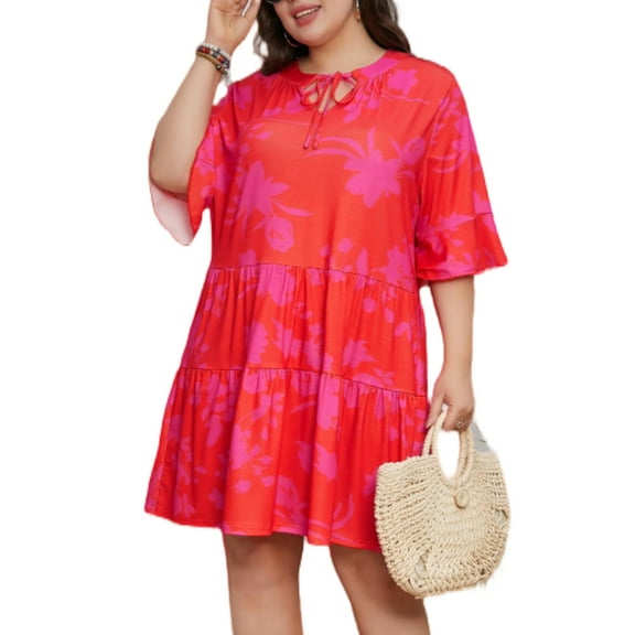 QINCAO Womens Plus Size Dress Half Ruffle Sleeve V-Neck Tiered Flowy Babydoll Dress 1X-5X