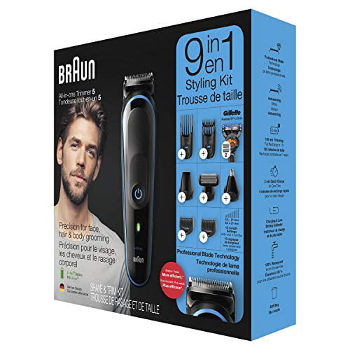 Braun All-in-one trimmer MGK5280, 9-in-1 Beard Trimmer, Hair Clipper, and Nose Trimmer, Body Groomer, Detail Trimmer, Rechargeable, with Gillette ProGlide Razor, Black/Blue - Walmart.com