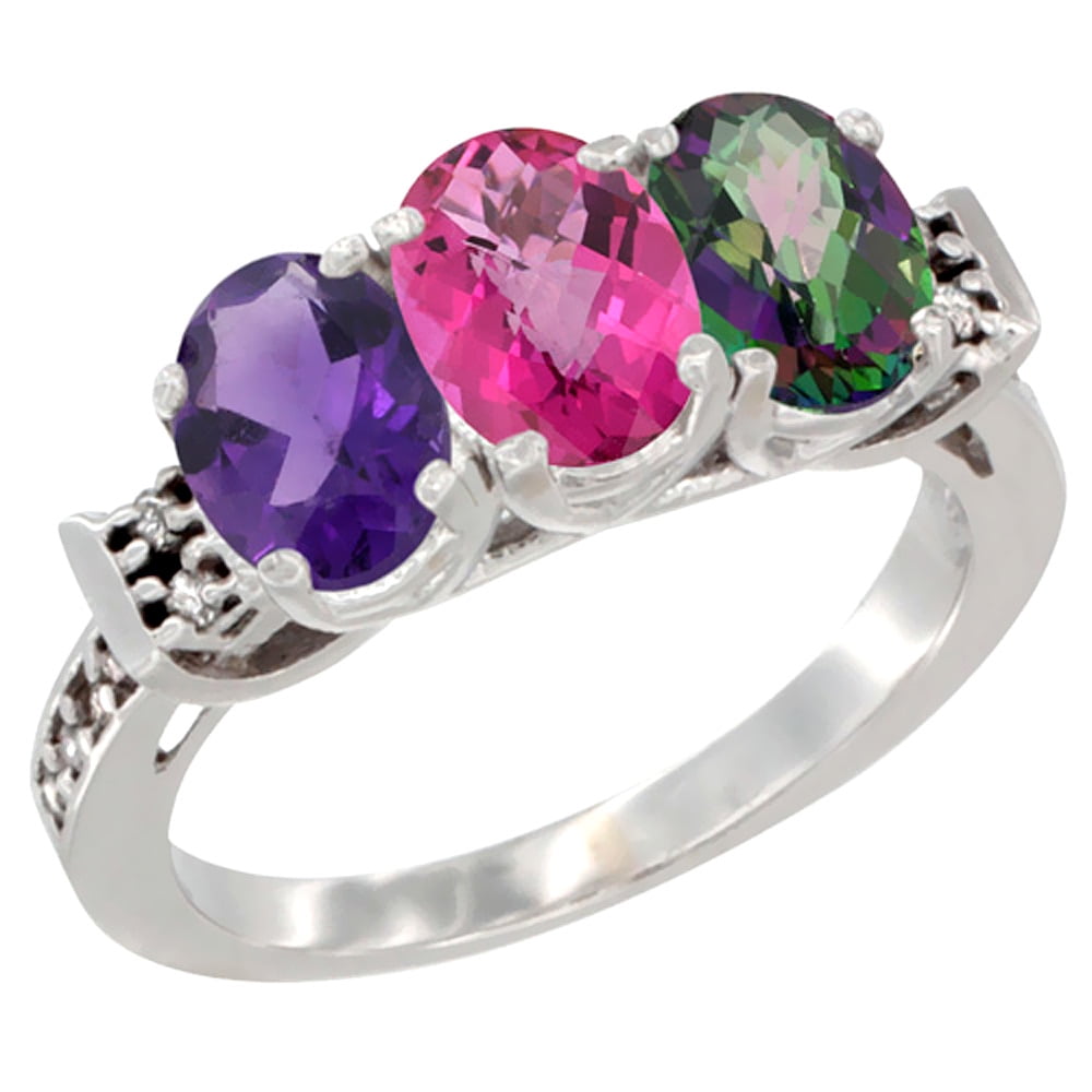 10K White Gold Natural Amethyst, Pink Topaz & Mystic Topaz Ring 3-Stone Oval 7x5 mm Diamond Accent, sizes 5 10 by WorldJewels