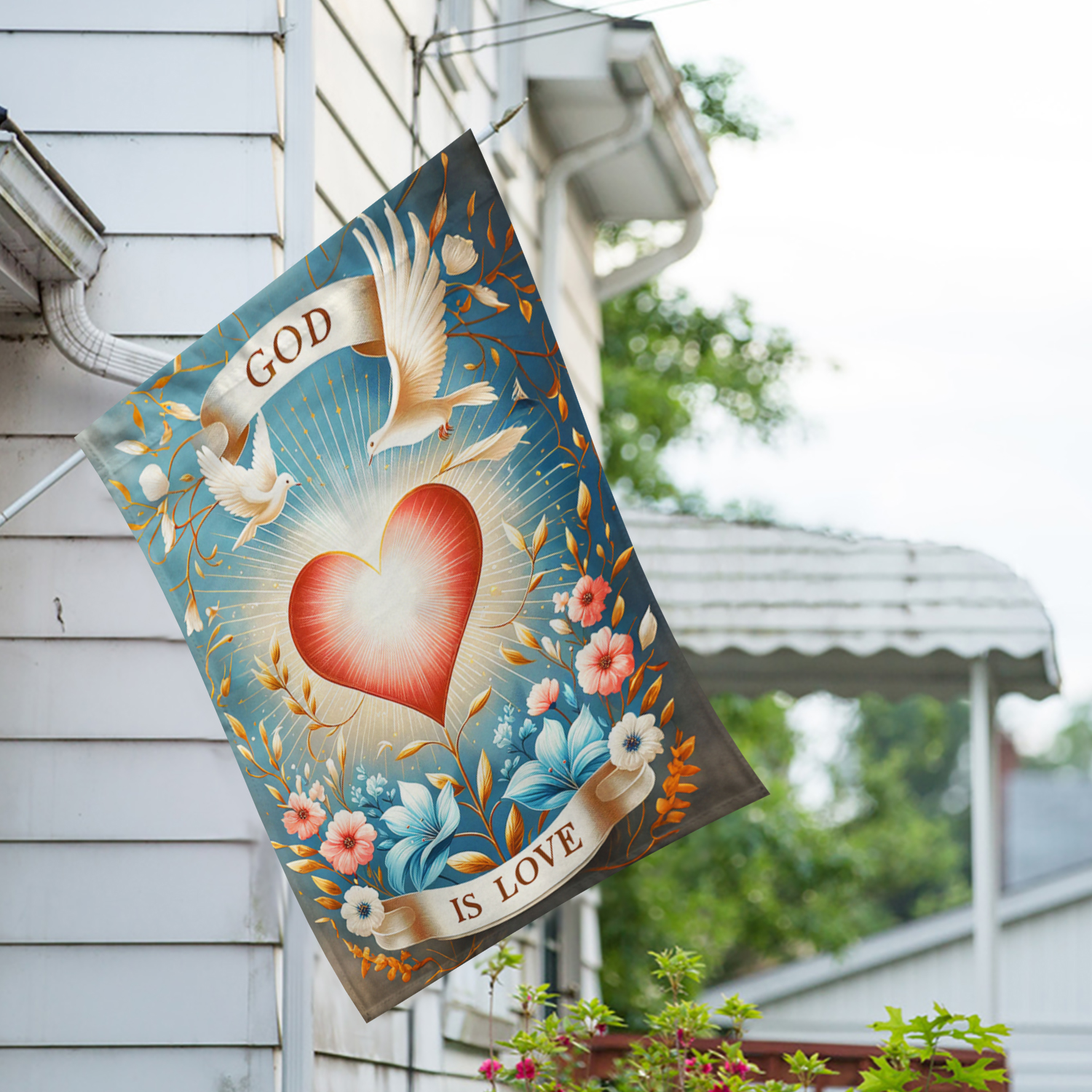 America Forever God Is Love House Flag, 28 x 40 inch Double Sided, Sacred Heart Doves Floral Christian Religious Inspirational Spiritual Outdoor Decor