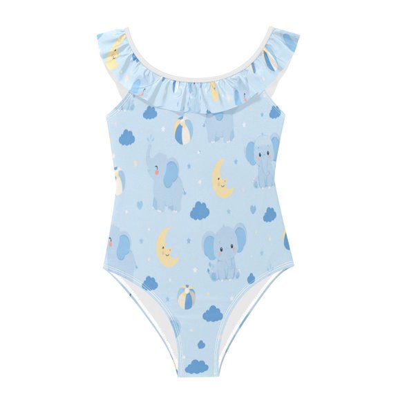 Girls Ruffled One Piece Swimsuit Summer Beach Vacation Swimwear Tank Swimsuit Light Blue Small Elephant Pattern