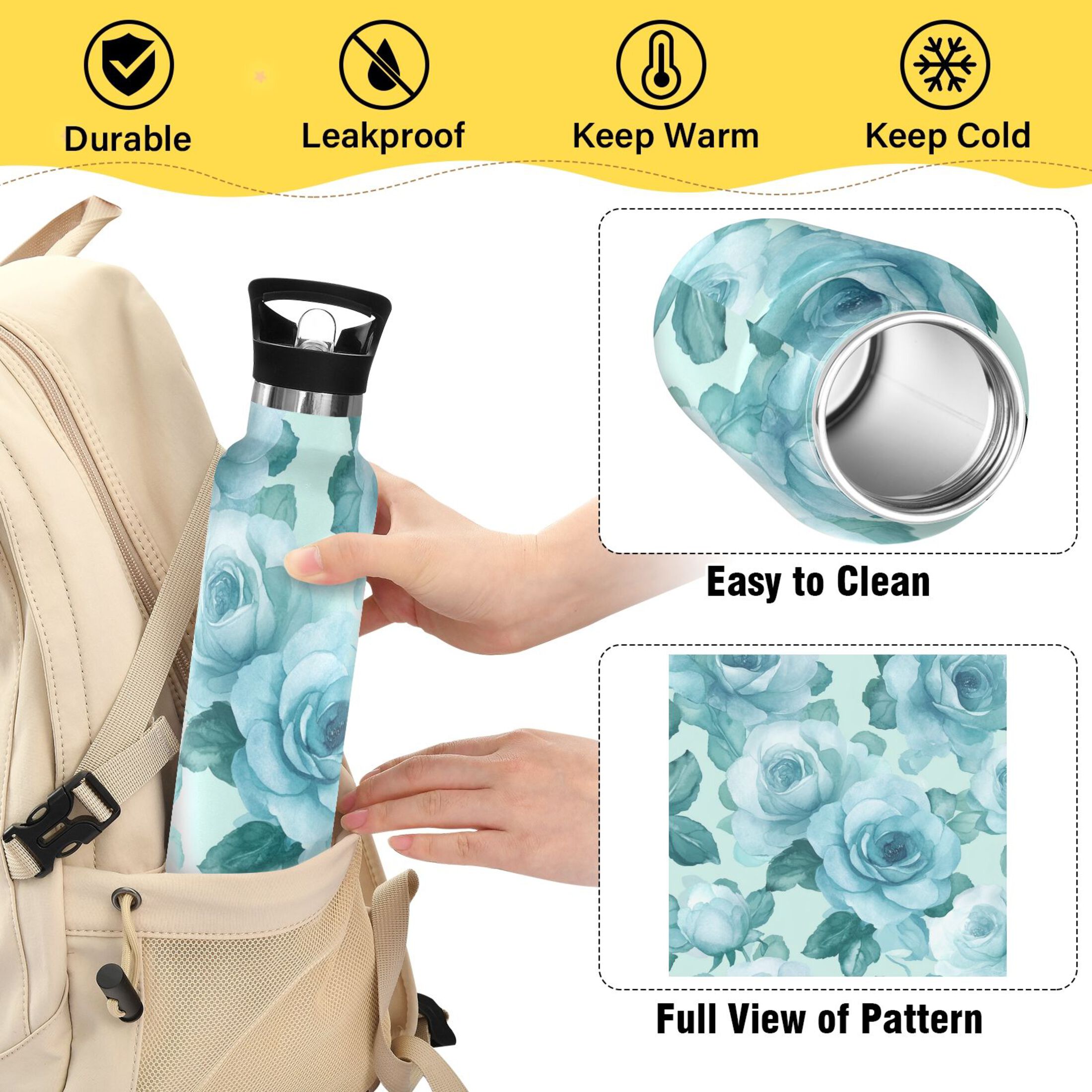 600ML Stainless Steel Insulated Cup Sports Water Bottle Portable Thermos Cup Water Glasses Insulated Tumblers Convenient and Durable Cartoon Turquoise Roses Seamless