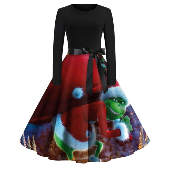 Affordable Christmas Corashan Ugly Christmas Sweater Funny women's Christmas Print Flare Dress for Women Long Sleeve Dress Party Casual Dresses Blue, XL