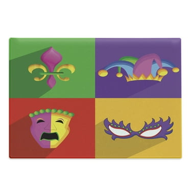 Mardi Gras Cutting Board, Colorful Frames Festival Themed Harlequin Hat and Fleur De Lis Print, Decorative Tempered Glass Cutting and Serving Board, Large Size, Multicolor, by Ambesonne