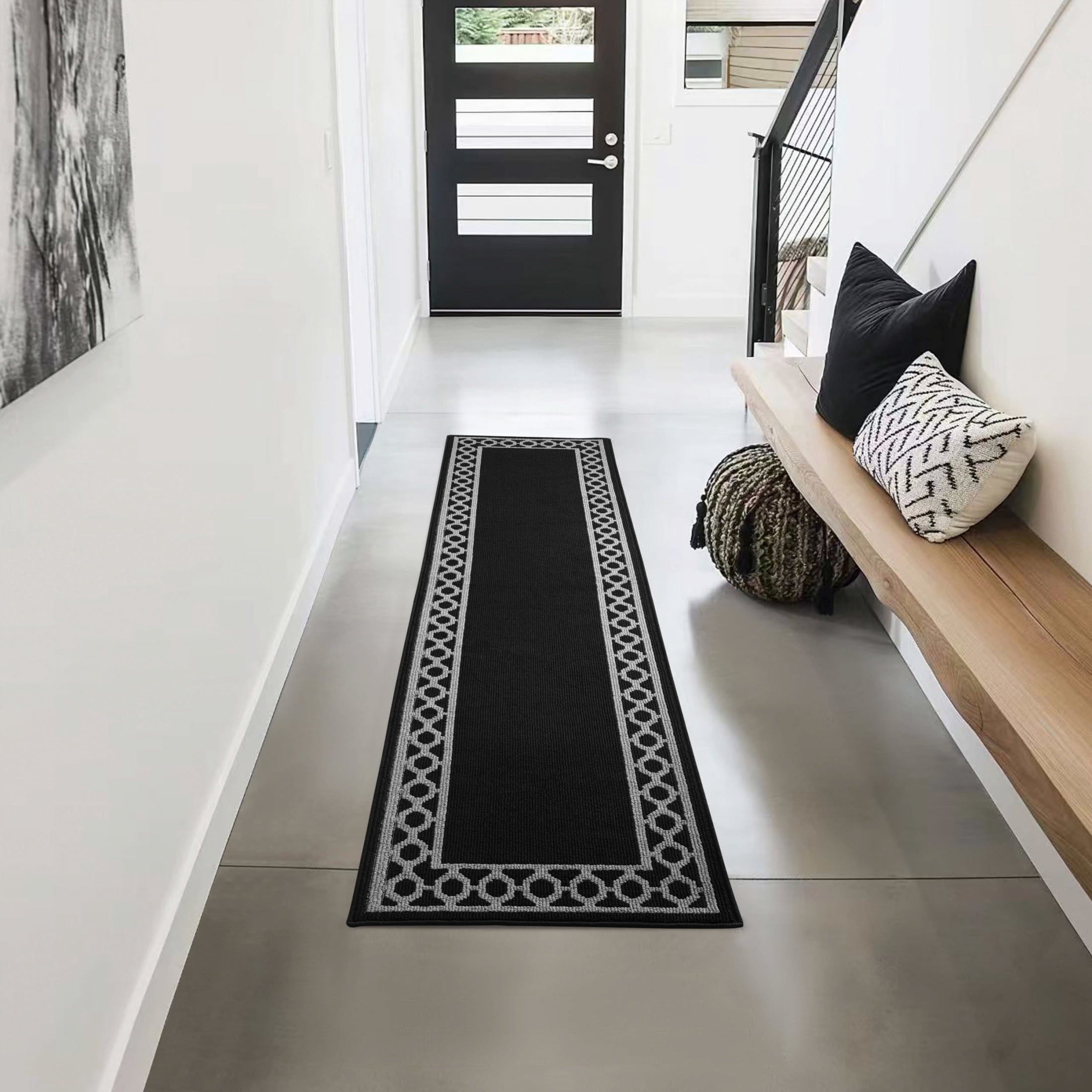 Washable Skid-Resistant Runner Rug, Trellis Border , Black and Twisted Grey , 30 " x 120"