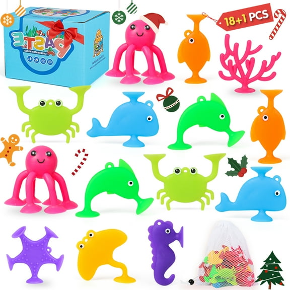 Bath Toy for Kid Age 4-8, 18PCS Baby Suction Cup Toys,Silicone Ocean Animal Suction Cups with Mesh Storage Bag,Boys Girls Birthday Gifts