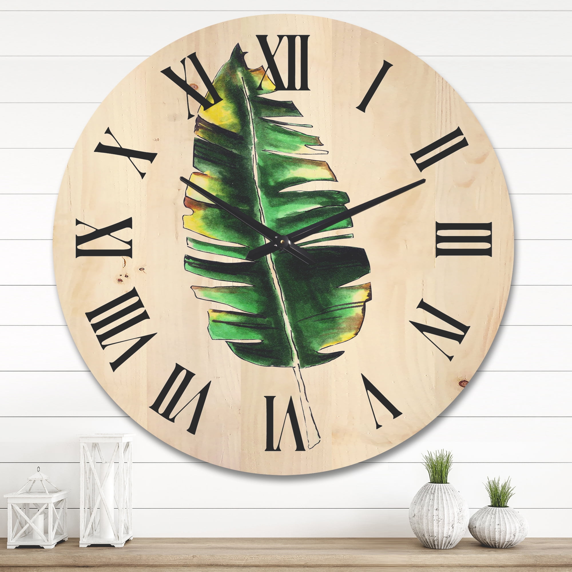 Designart 'Single Banana Leaf On White' Bohemian & Eclectic Wood Wall Clock