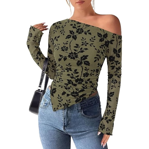 PRETTYGARDEN Womens Fall Trendy Off Shoulder Y2k Tops Tie Dye Mesh Long Sleeve Shirts Asymmetrical Ruched Floral Blouse