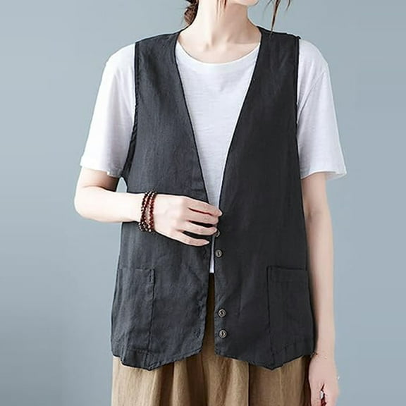 Deal of the Week Ofreoo Fashion Women Casual Sleeveless Cardigan Jacket V-neck Loose Cotton And Linen Blouse Tops Fall Outfits for Women 2024