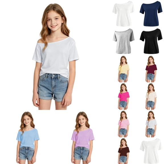 VeFlora Girl's Off The Shoulder Tops Short Sleeve Cute Summer T Shirts for Teens Girls Y2k Tops Trendy(White/7-8 Years)