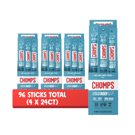 (96 pack) Chomps Grass-Fed and Finished Sea Salt Beef Jerky Snack Stick, 10g of Protein