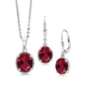 Gem Stone King 925 Sterling Silver Red Created Ruby Pendant and Earrings Jewelry Set For Women (8.00 Cttw, Oval 11X9MM and 9X7MM, with 18 inch Silver Chain)
