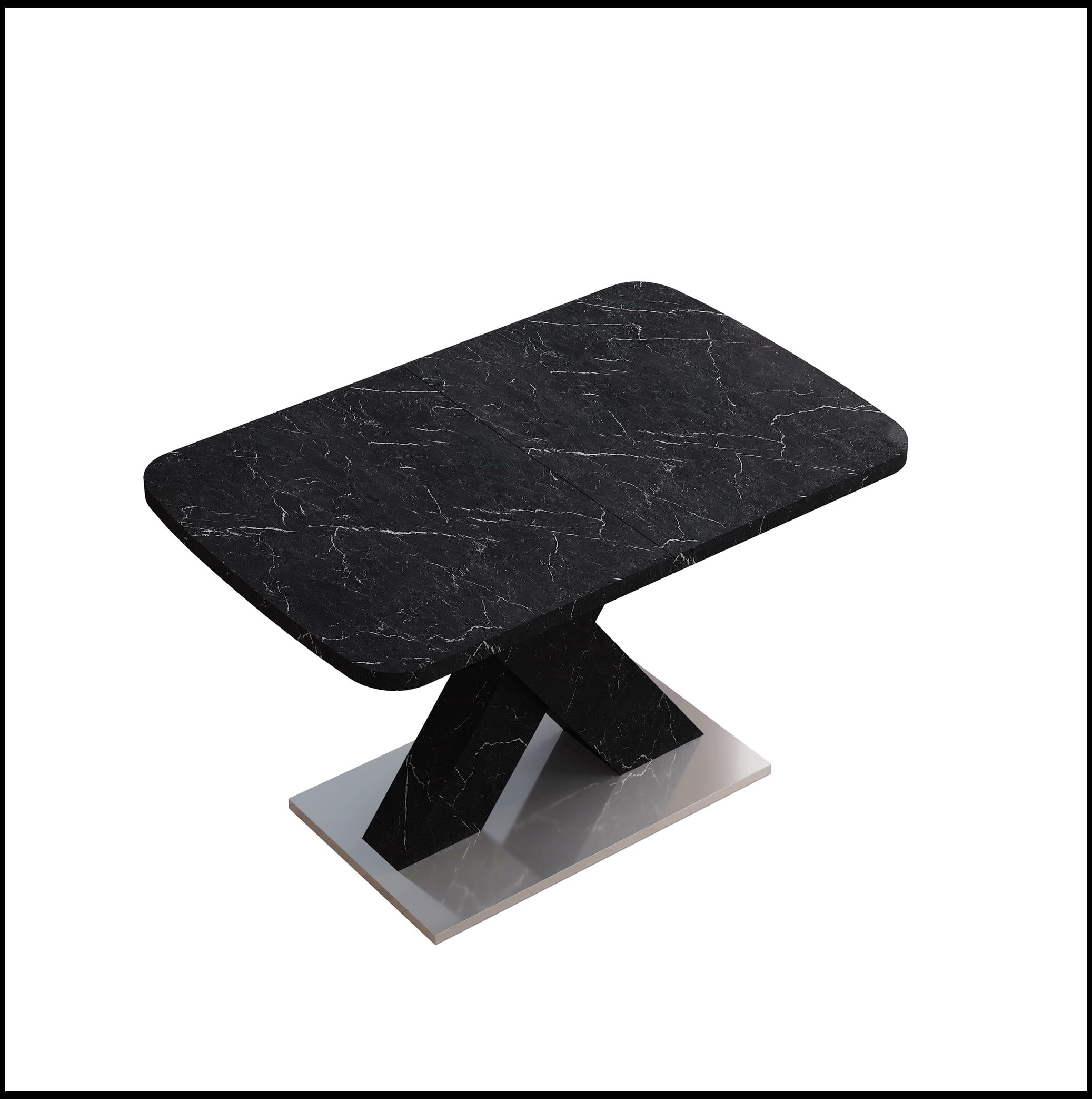Modern Square Dining Table,Stretchable,Printed Black Marble Table Top+MDF X-Shape Table Leg with Metal Base
