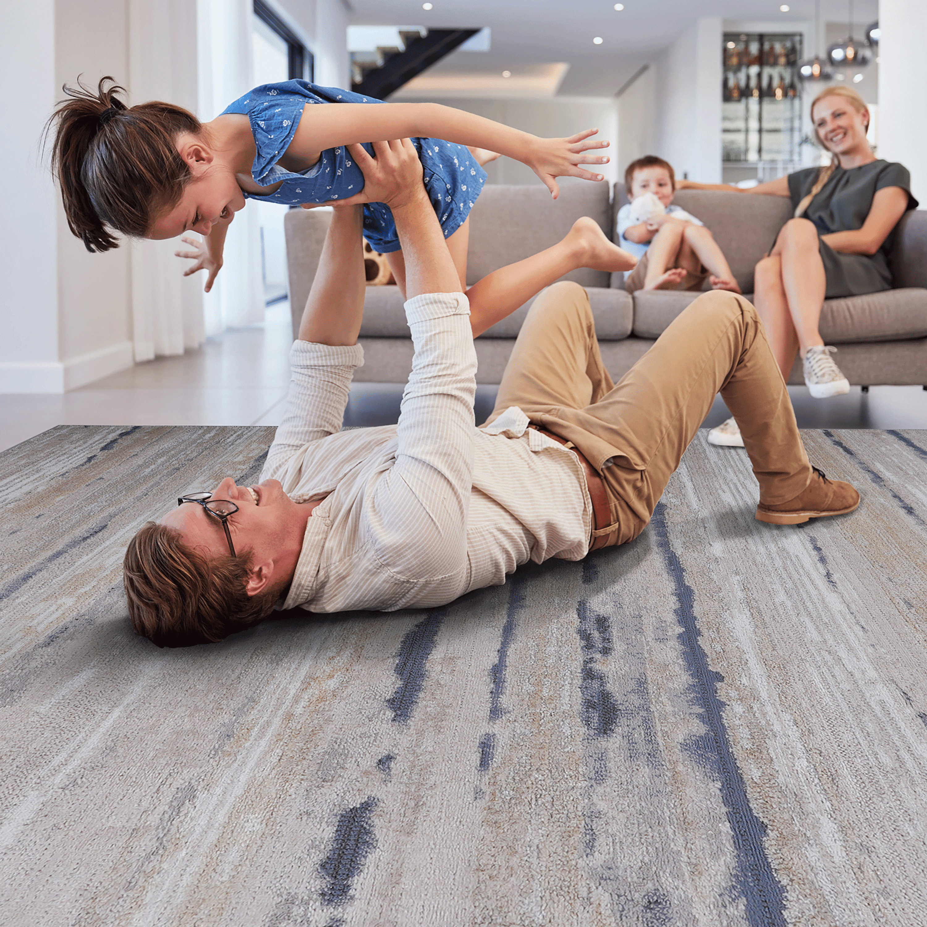 8' x 10' Ivory Blue Striped Area Rug Non-Shedding Stain Resistant Medium Pile Carpet for Living Room Bedroom Dining Room Home Office Entryway