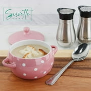 Servette Home Pink Polka Dot Soup Ceramic Bowls with Lids and Handles - Set of 4