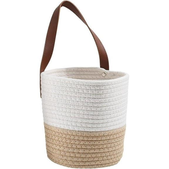 7.1 x 9.8 x 4.7 Inch Rope Hanging Basket Wall Mounted Woven Basket with Handle Closet Shelf Cotton White Boho Macrame Multifunction Organizing Storage Bin for Kitchen Room Fruit Plants Towels