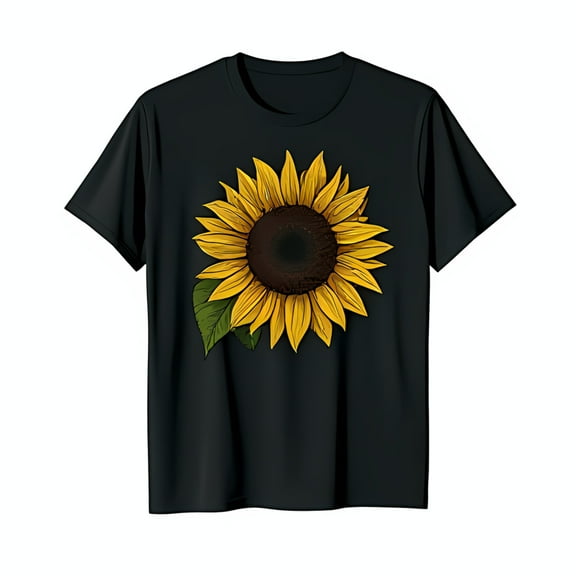 Sunflower Design Black T-Shirt for Men and Women Short Sleeve Neck