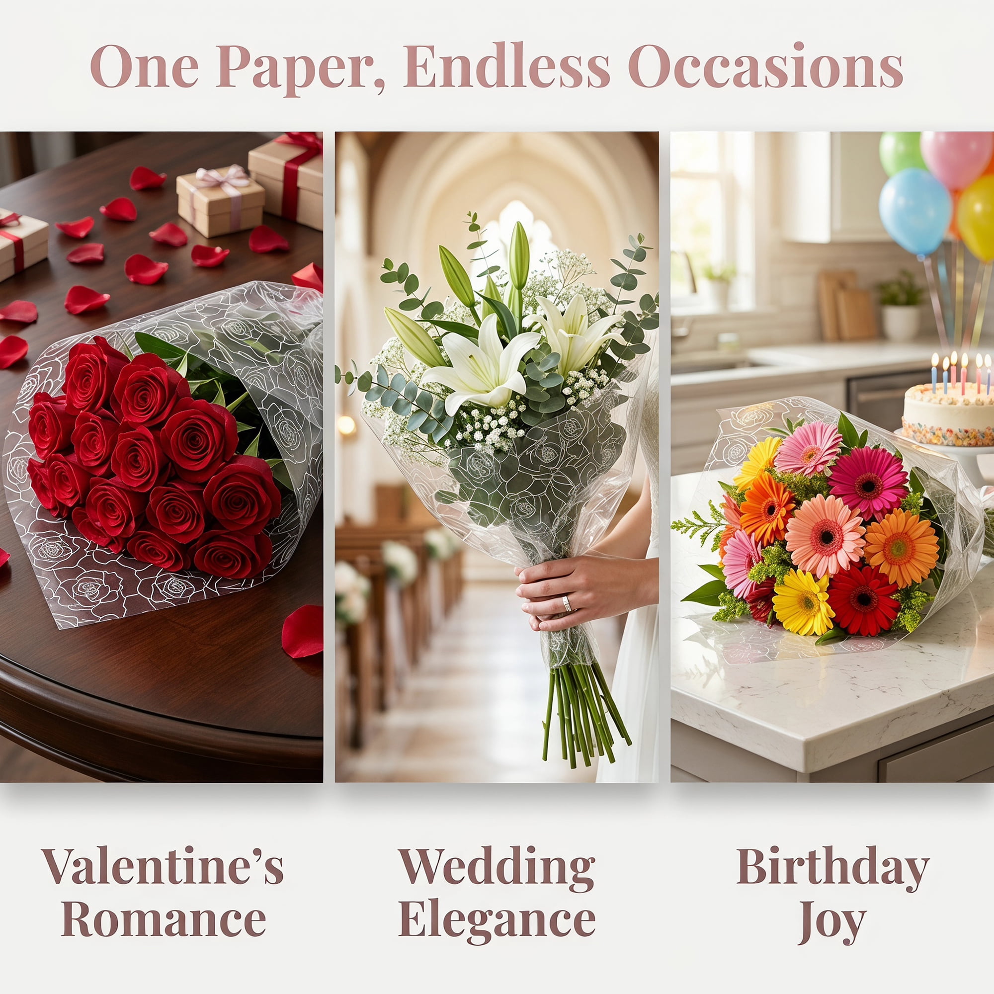Unique Bargains Gift Wrapping Paper with Rose Pattern for Arrangements White 22"x 22"