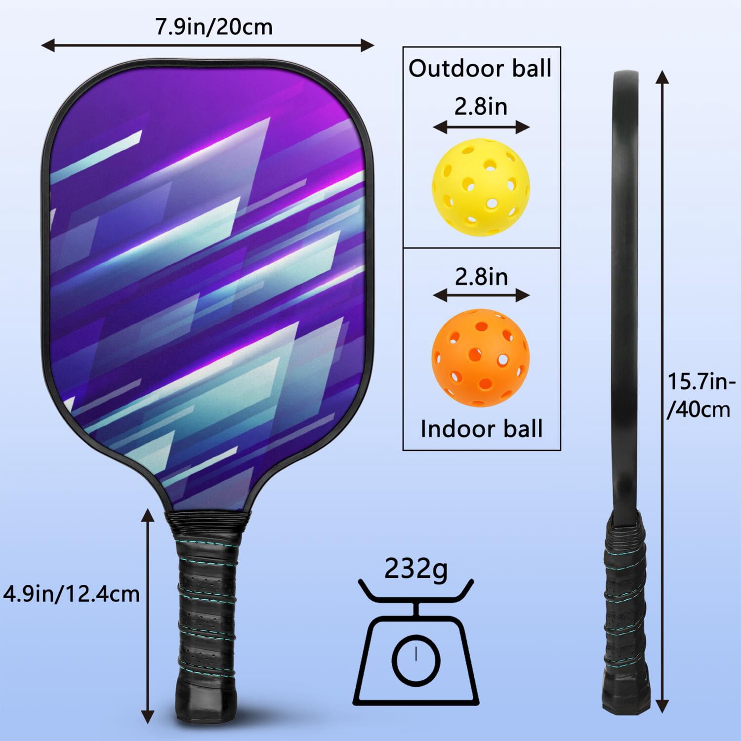 Pickleball Paddles Set Of 1, Fiberglass Surface, Speed, Lightning, Thunder Print, 1 Paddle, 2 Balls & Bag