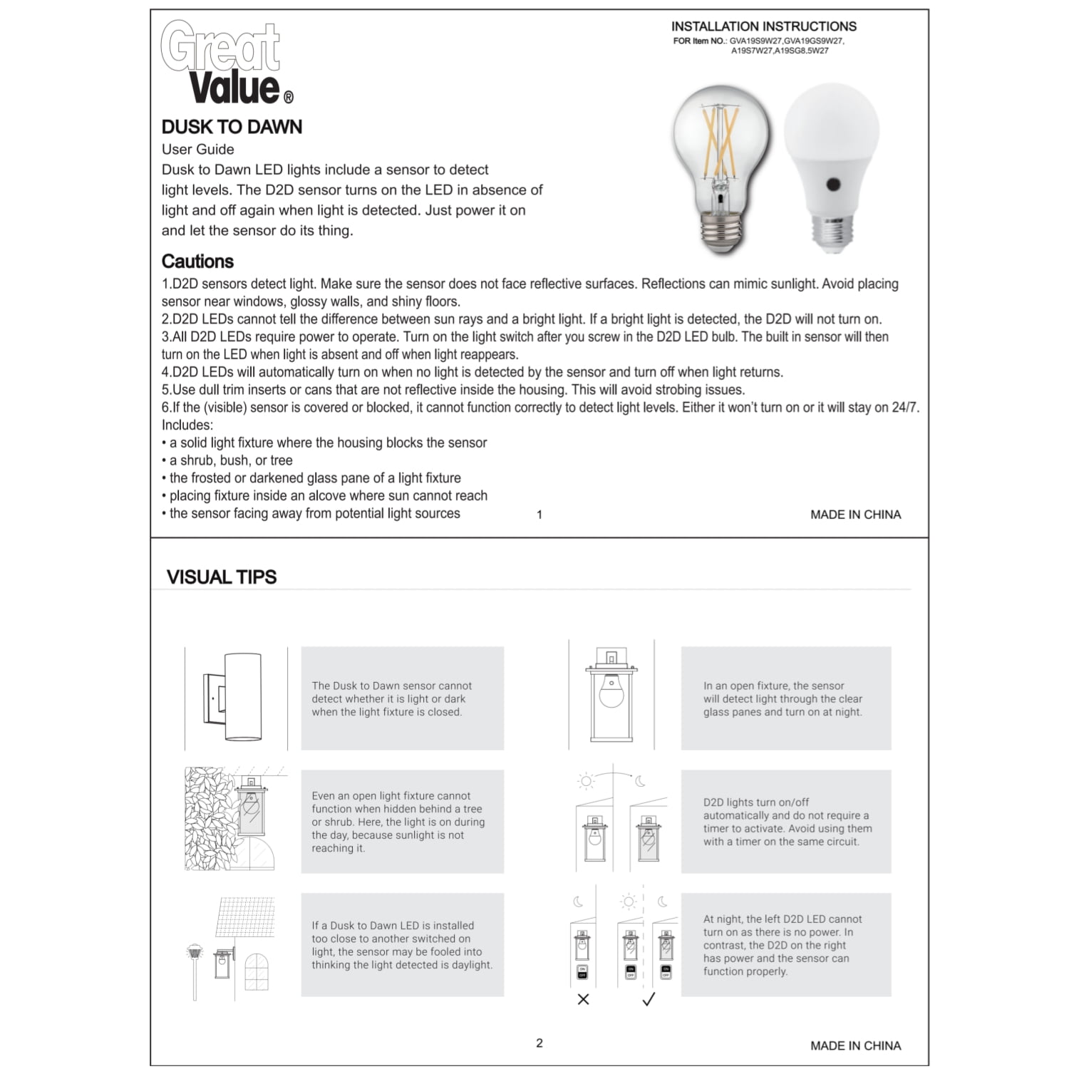 (2 pack) Great Value A19 Dusk-to-Dawn Auto On/Off LED Light Bulb, 9W (60W Equivalent), E26 Medium Base