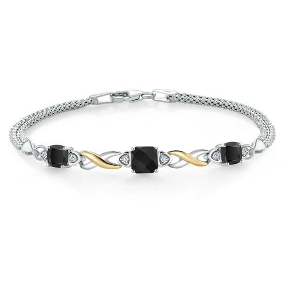 925 Silver and 10K Yellow Gold Black Onyx and White Lab Grown Diamond Bracelet for Women (2.07 Cttw, Gemstone December Birthstone, Cushion Checkerboard 6MM and 5MM, 6.5/7/7.5 inch, Made in Italy)