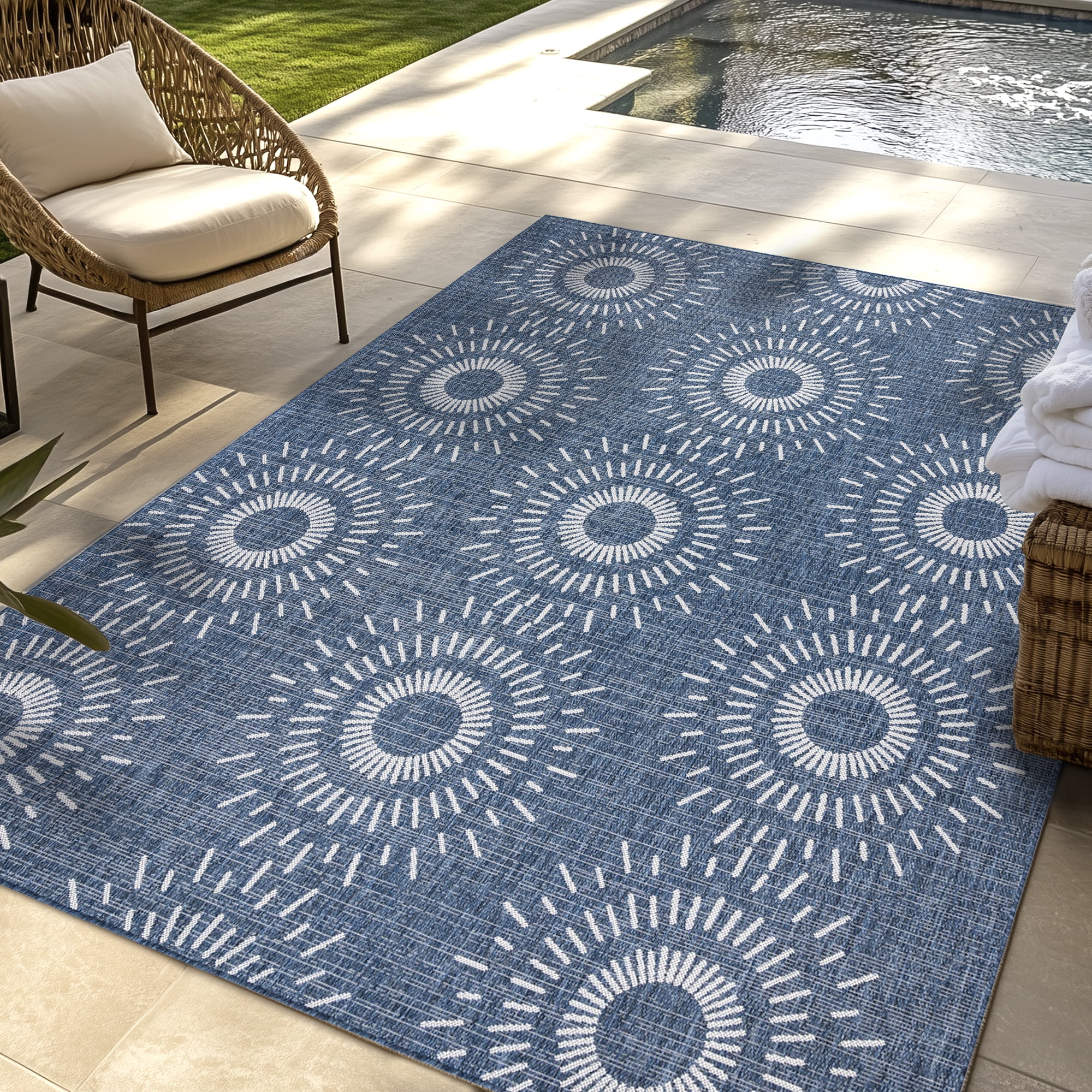 Gertmenian Tropea Tiaret Modern Geometric Navy Outdoor UV Resistant Flatweave Indoor Outdoor Area Rug, 8x10