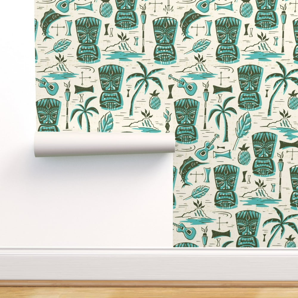 Peel-and-Stick Removable Wallpaper Mid Century Modern Cream Aqua Beach