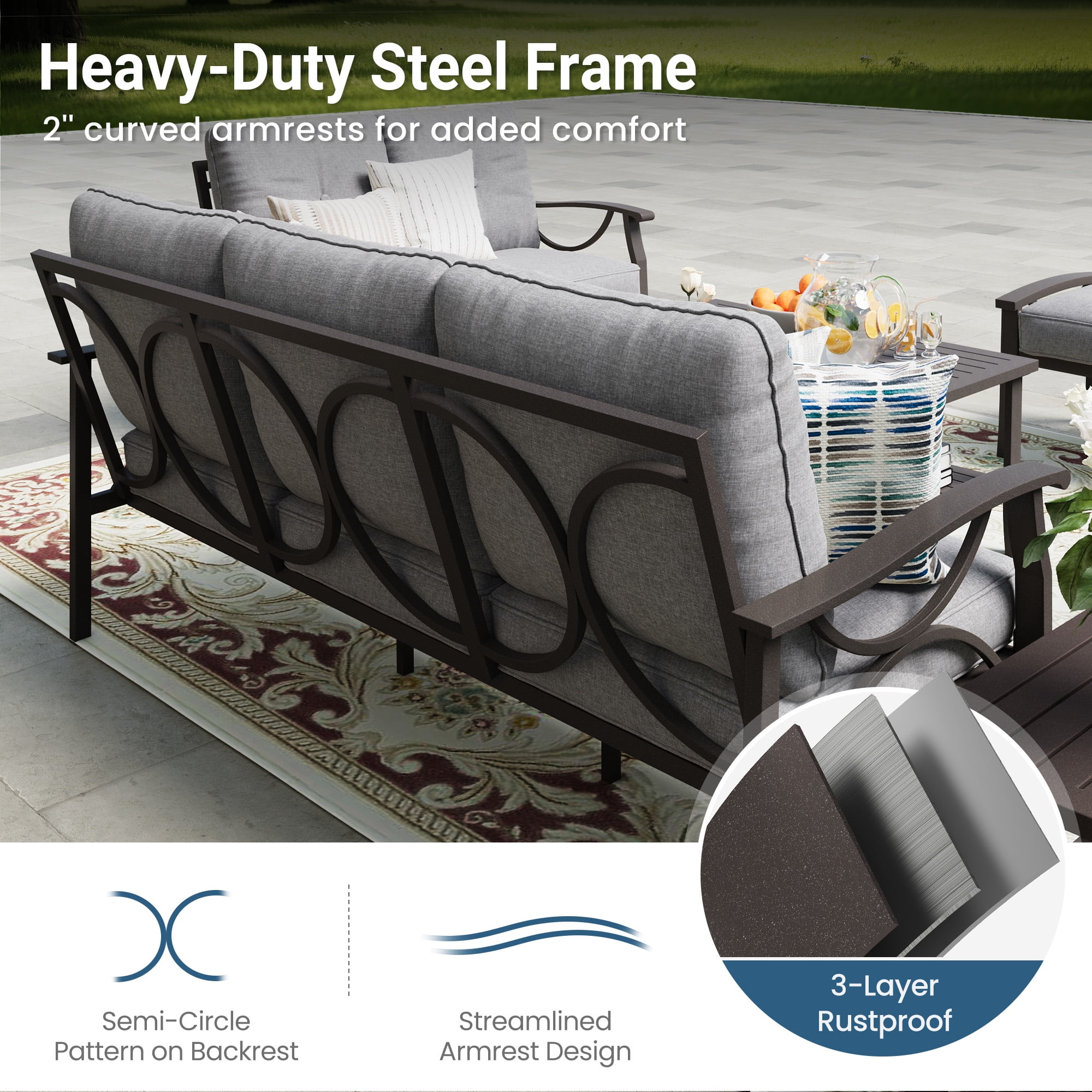 Heynemo 5-Seater Outdoor Patio Furniture Set, 4 Piece Patio Conversation Set with Coffee Table, Metal Furniture Set for Porch Backyard Garden, Grey