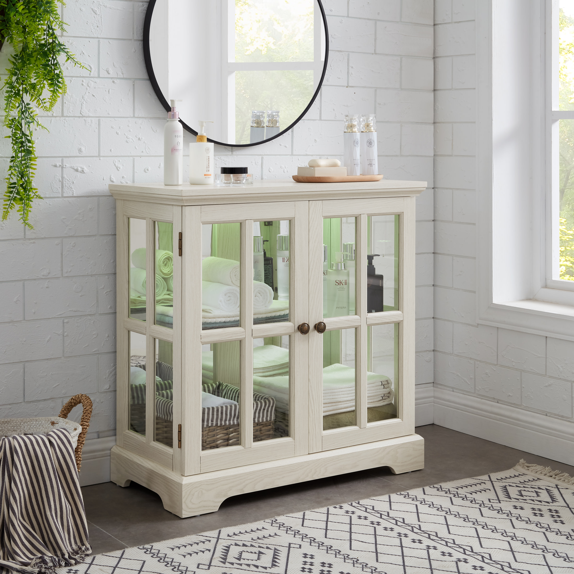 Noble House Belmere LED Curio Display Cabinet, 2-Door Antique Glass Bookcase with Adjustable Shelves, White