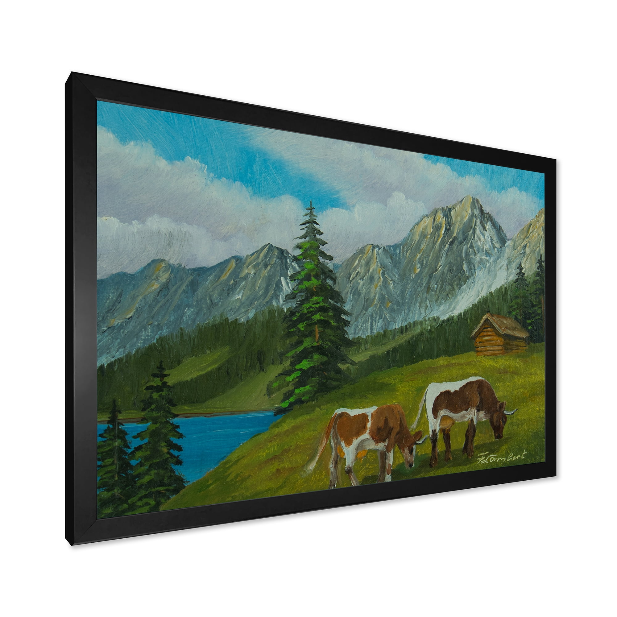 Designart 'Cows On A Green Meadow With Mountain Landscape With ' Farmhouse Framed Art Print