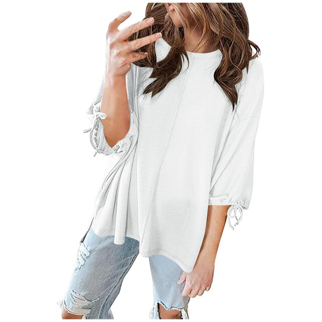 Timegard 3/4 Length Sleeve Womens Tops Drop Shoulder Crewneck High Low Drawstring Casual Loose Blouse Tops