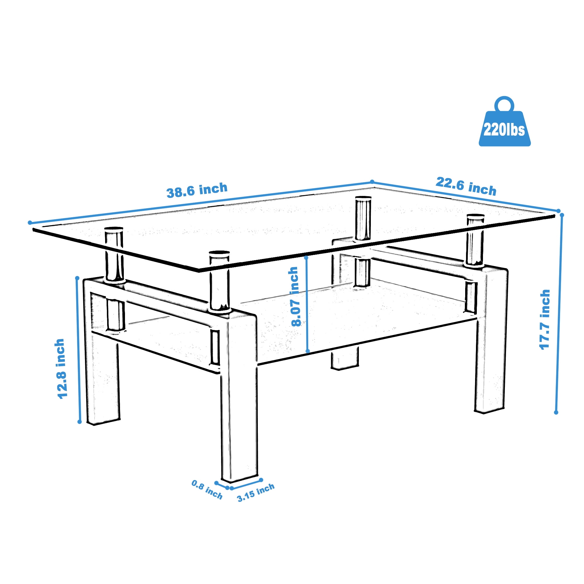 Alvantor Glass Coffee Table, 38.6" Modern Rectangle Tables with Tempered Glass Top and MDF Layer for Living Room Black