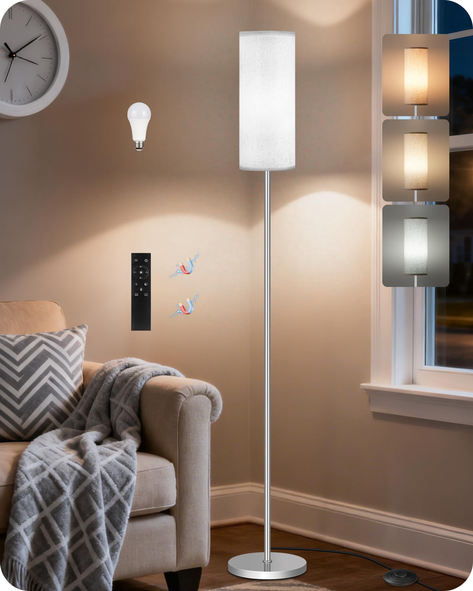 Dimmable Floor Lamps For Living Room With Remote And Foot  64.4" Modern Standing Tall Lamp Corner Office Bulb Included 3000k-6500k Sw06ld05w1