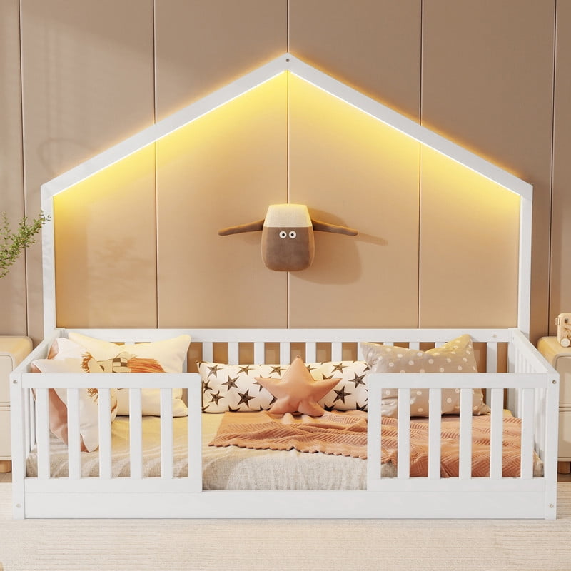 Mirightone Twin Floor Bed with High Rails, Wooden Montessori Bed Frame with Single Color Light and House Shape Design, Low Profile Beds, twin bed frames white