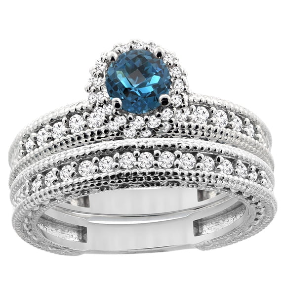 14K White Gold Diamond Natural London Blue Topaz Round 4mm Engagement Ring 2-piece Set, size 9.5