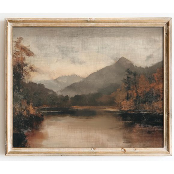 shiyou-Vintage Wall Art Prints, Farmhouse Wall Decor Fall Lake Landscape Painting Prints for Wall Decor, Antique Autumn Landscape Art Pictures for Bedroom, Rustic Vintage Artwork Poster for Bathroom