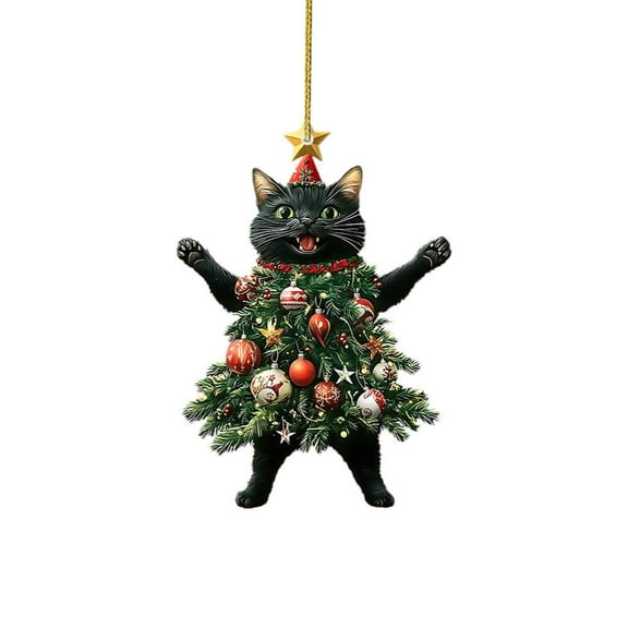 Acrylic Christmas Tree Cat Pendant Keychain Ornament - Festive Holiday Gift