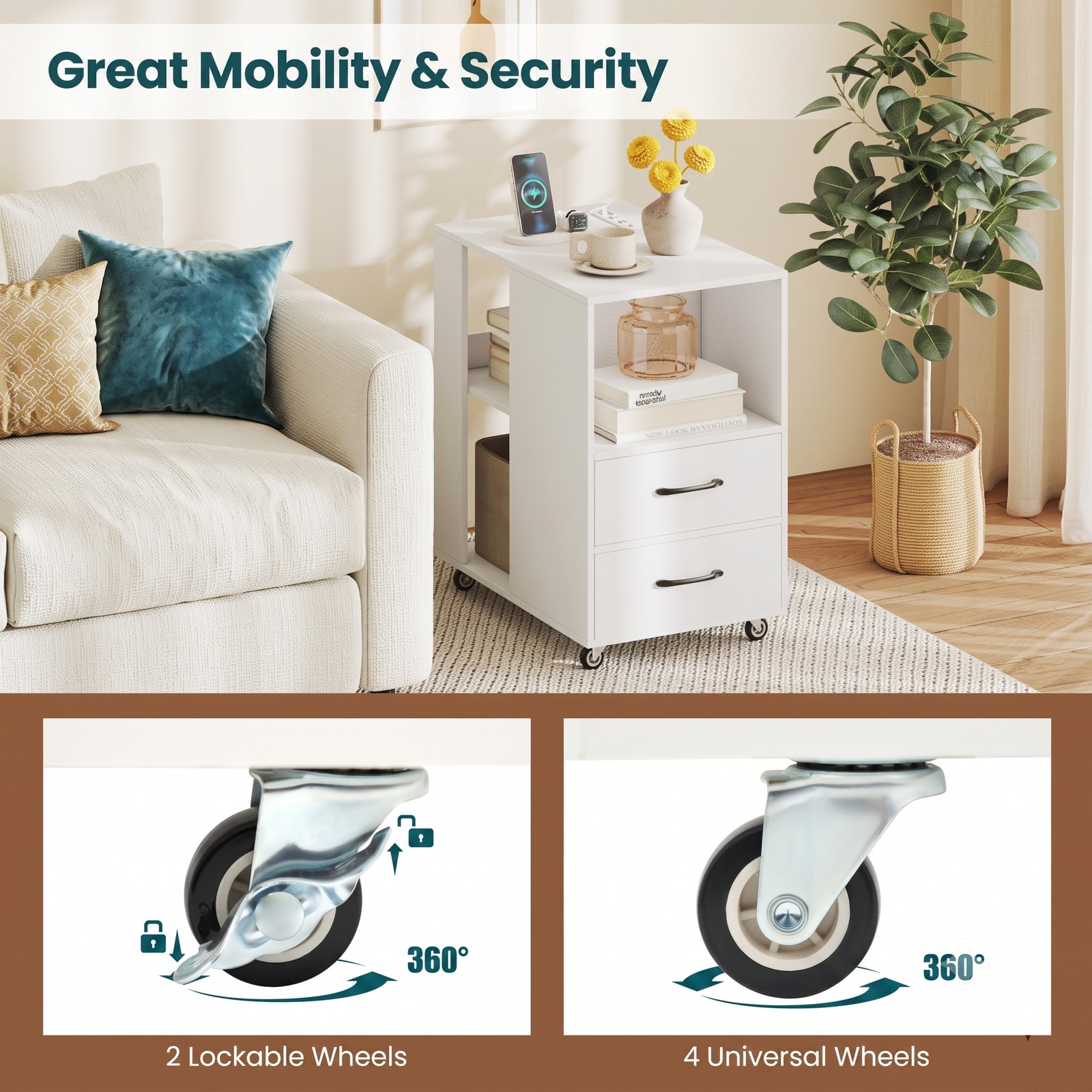 Furnibear End Table with Built-in Charging Station, Sofa Side Bedside Table on Wheels with 2 Drawers and 3 Open Shelves, USB and Type-C Ports, Rolling, White